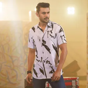 Mens White-Black Print Shirt