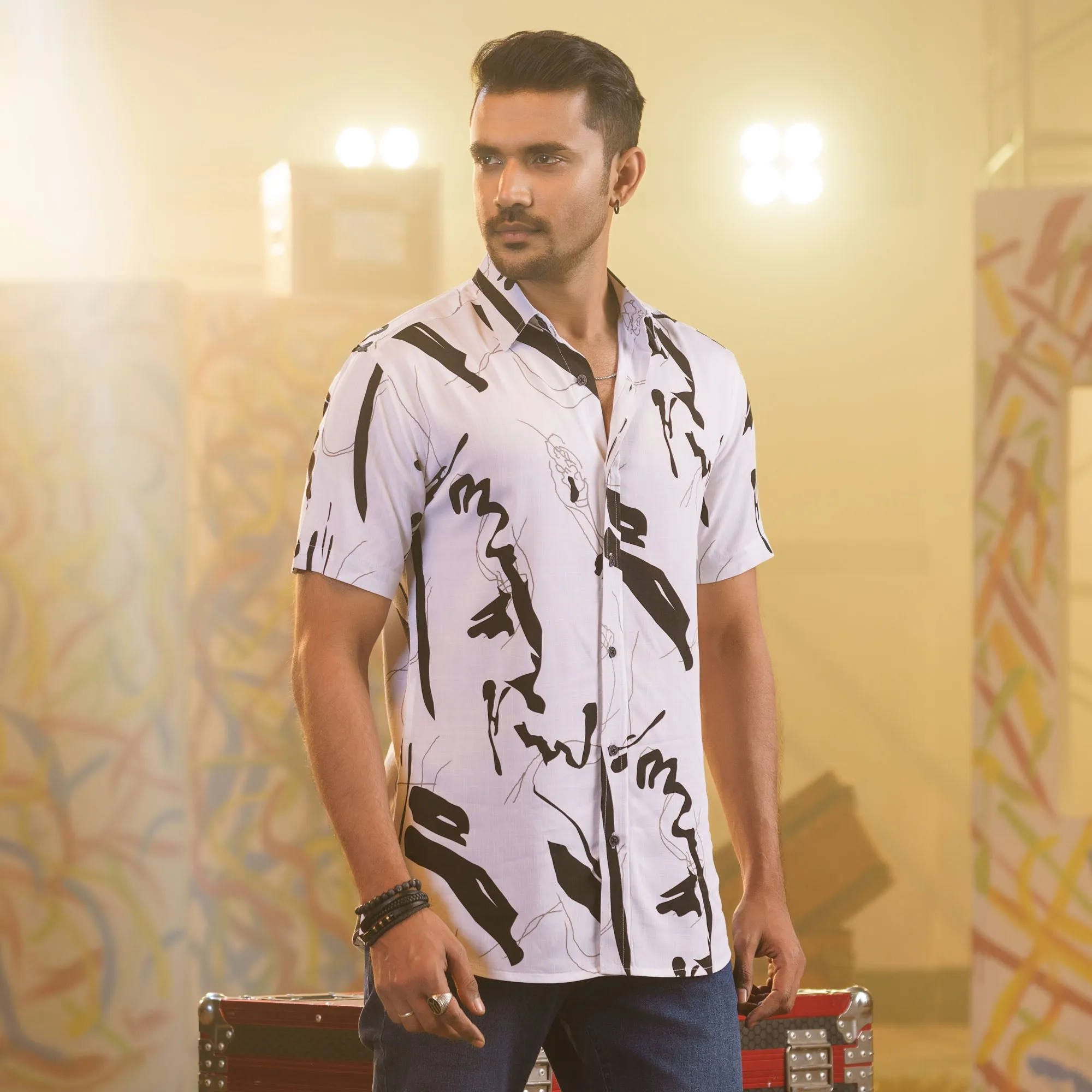 Mens White-Black Print Shirt