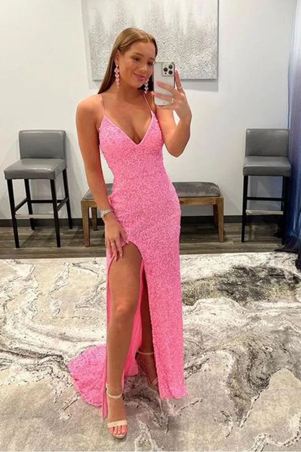 Mermaid V Neck Open Back Cross Back Light Pink Detachable Prom Dresses TP1094