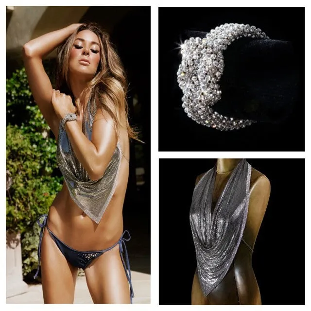 Metal Mesh Halter Top with Swarovski Crystal Mesh Trim