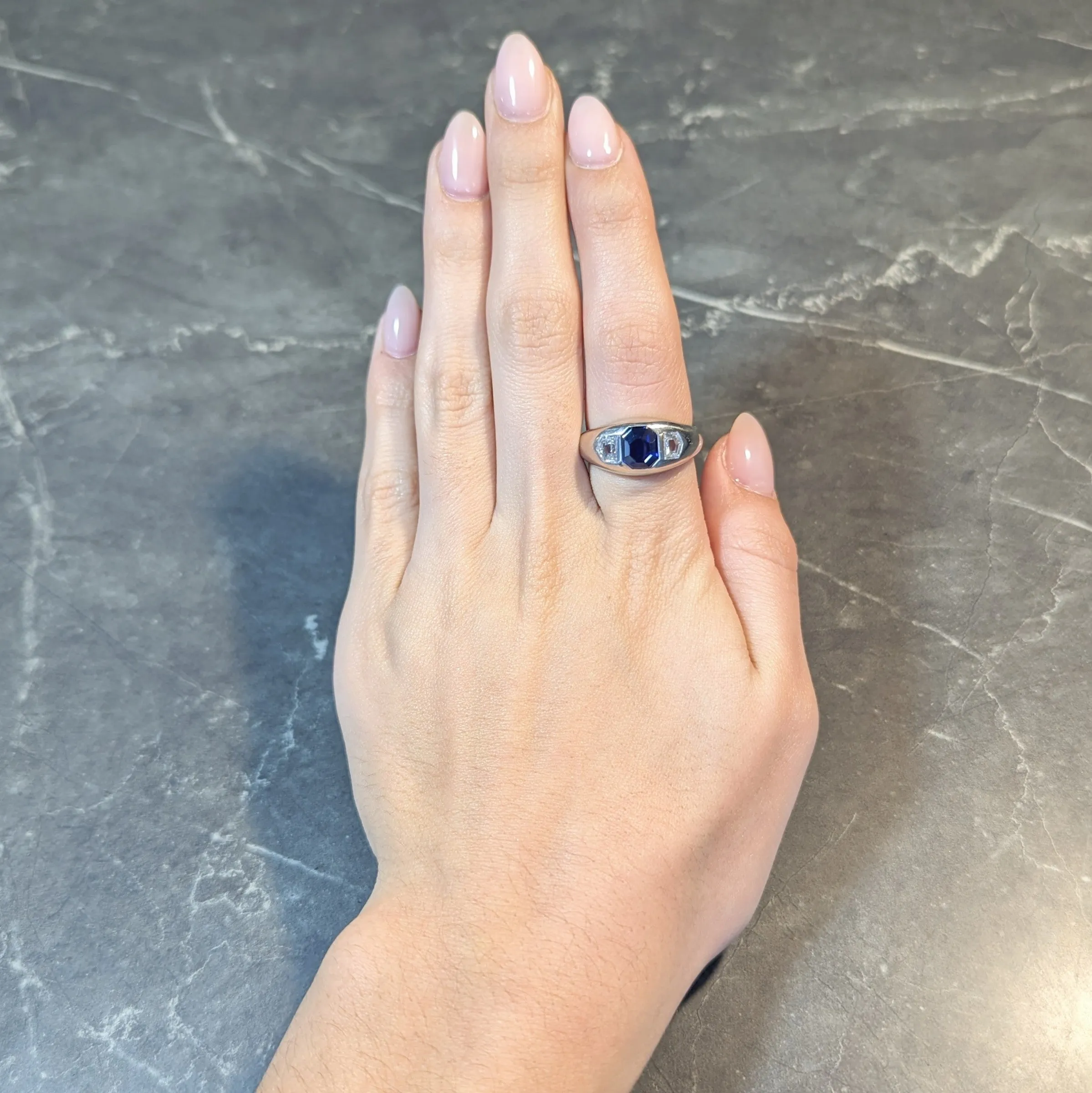 Mid-Century 3.07 CTW No Heat Sapphire Diamond Platinum Three Stone Men's Unisex Vintage Ring GIA