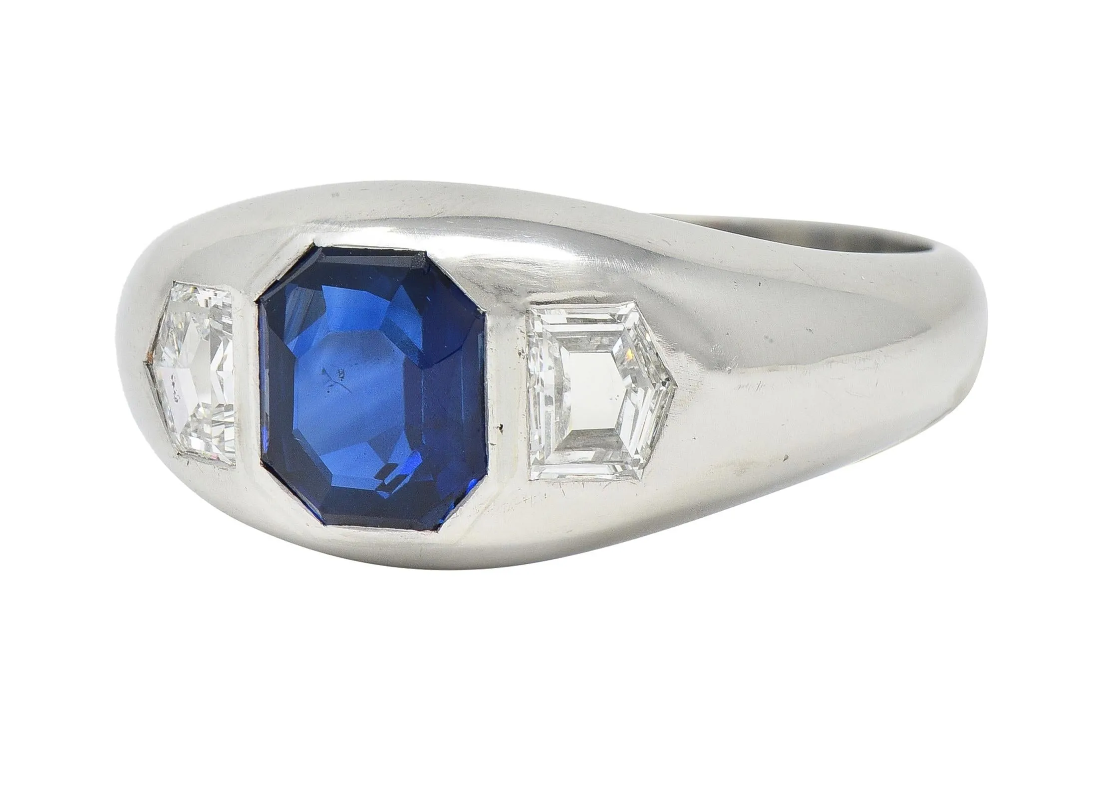 Mid-Century 3.07 CTW No Heat Sapphire Diamond Platinum Three Stone Men's Unisex Vintage Ring GIA