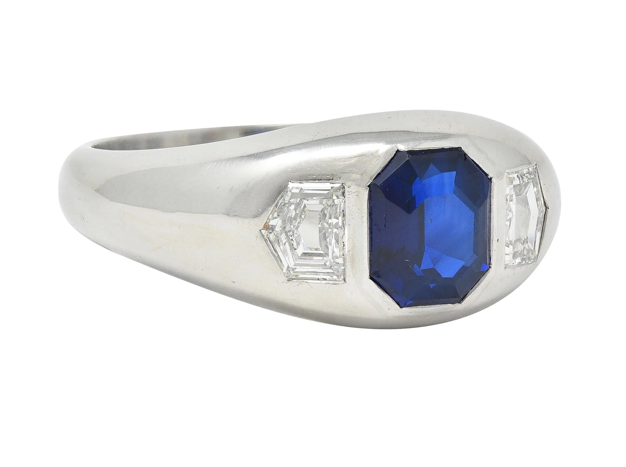 Mid-Century 3.07 CTW No Heat Sapphire Diamond Platinum Three Stone Men's Unisex Vintage Ring GIA