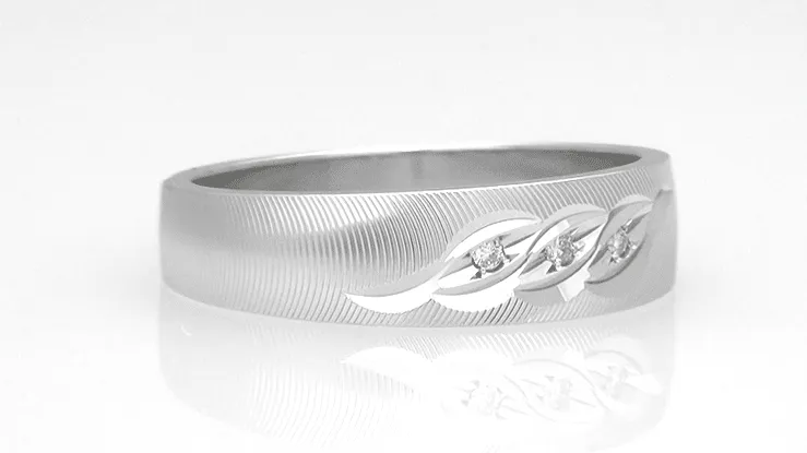 Mid Century Modern Grooved Mens Diamond Wedding Ring in 14K White Gold