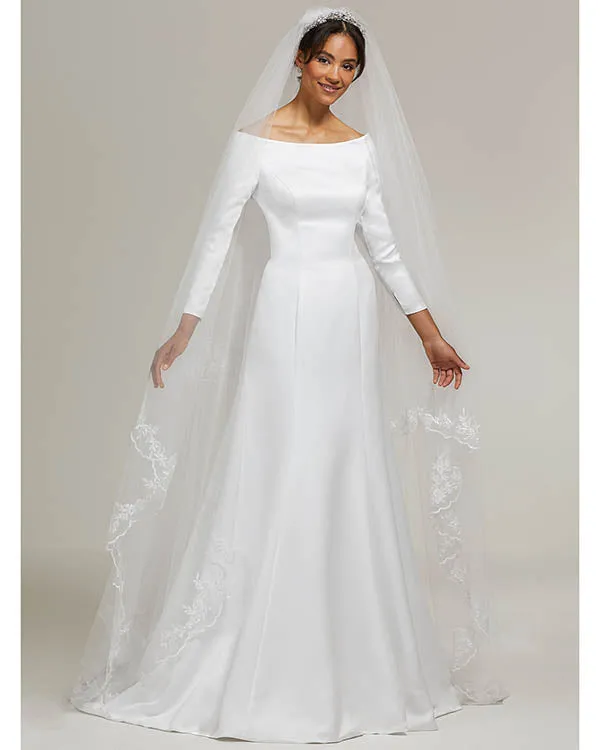 Modern Satin Wedding Dress 2018 Full Sleeve Sabrina Neckline Elegant Stylish Wedding Gowns for Brides