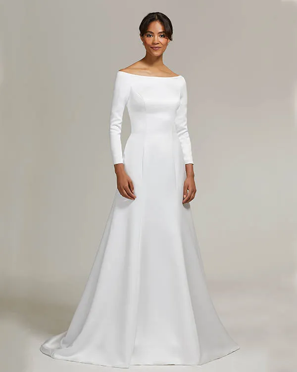 Modern Satin Wedding Dress 2018 Full Sleeve Sabrina Neckline Elegant Stylish Wedding Gowns for Brides