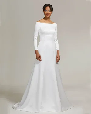 Modern Satin Wedding Dress 2018 Full Sleeve Sabrina Neckline Elegant Stylish Wedding Gowns for Brides