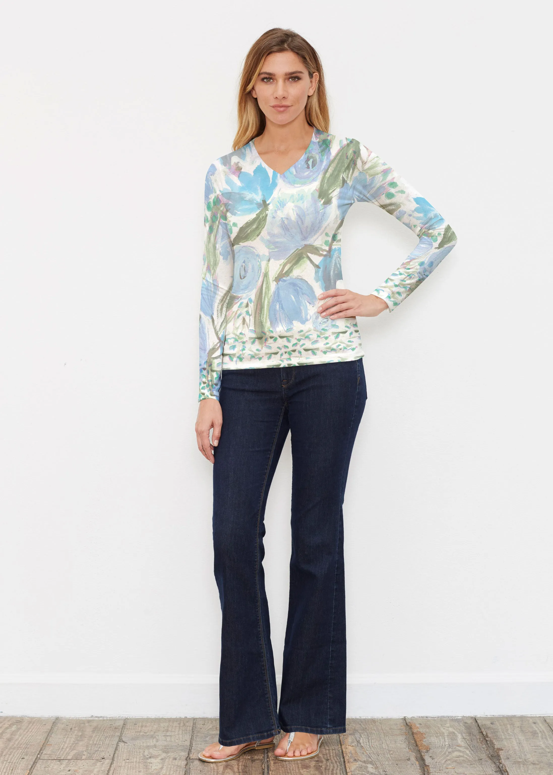 Monet Blue (17178) ~ Butterknit Long Sleeve V-Neck Top