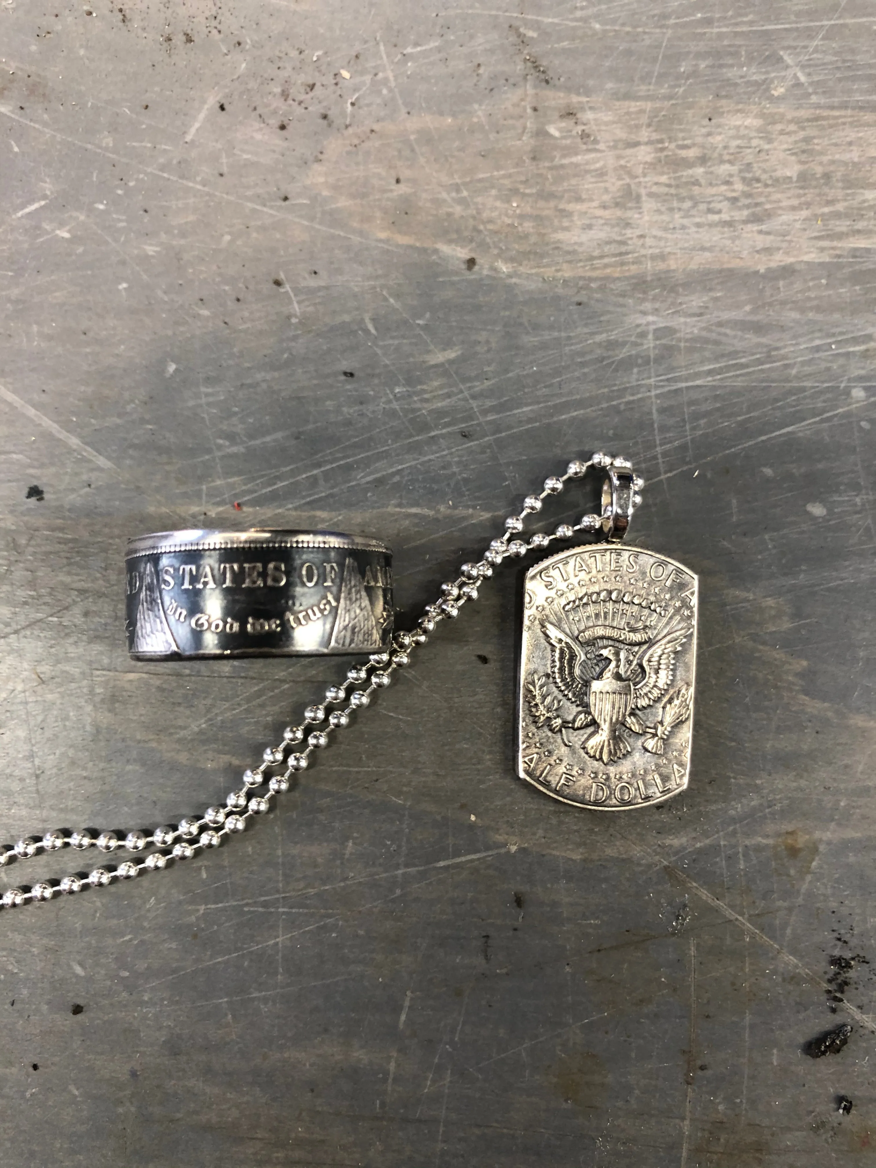Morgan Silver Dollar Coin Ring & American Pride Dog Tag Necklace