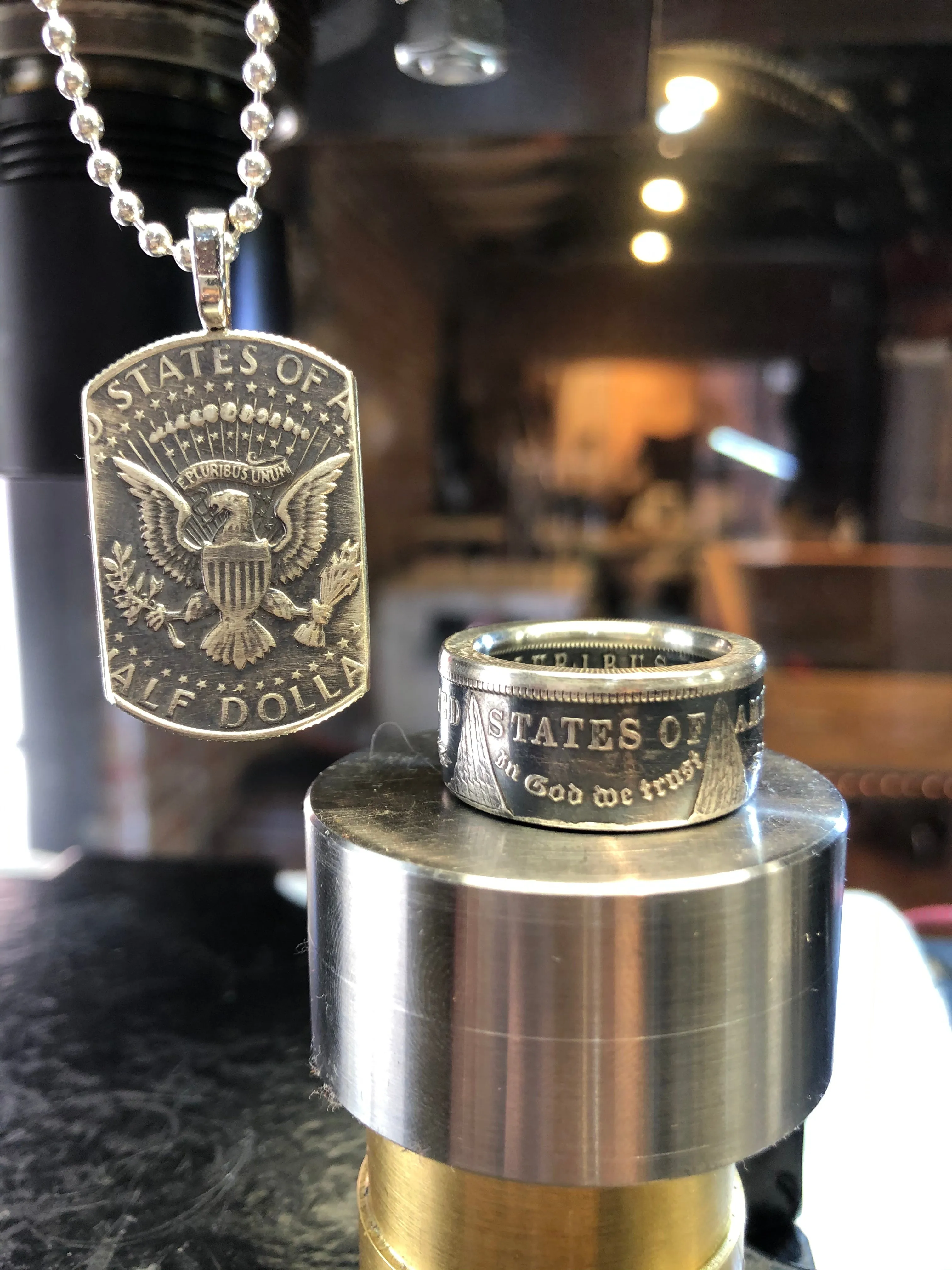 Morgan Silver Dollar Coin Ring & American Pride Dog Tag Necklace