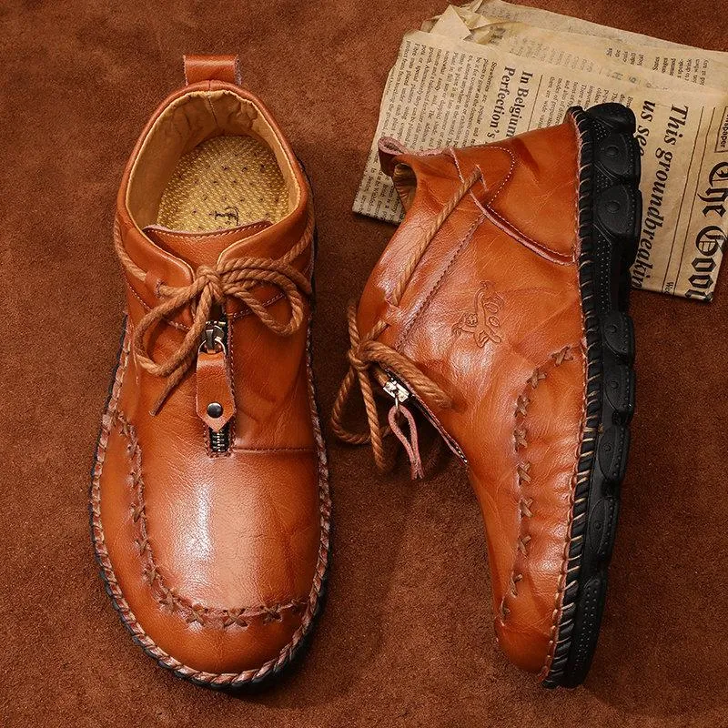Mostelo Men’s Casual Hand Stitching Genuine Leather Snow Shoes Ankle Boots