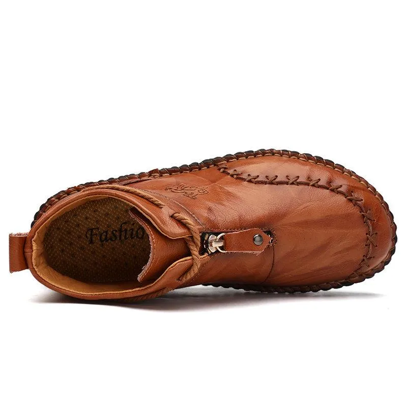 Mostelo Men’s Casual Hand Stitching Genuine Leather Snow Shoes Ankle Boots
