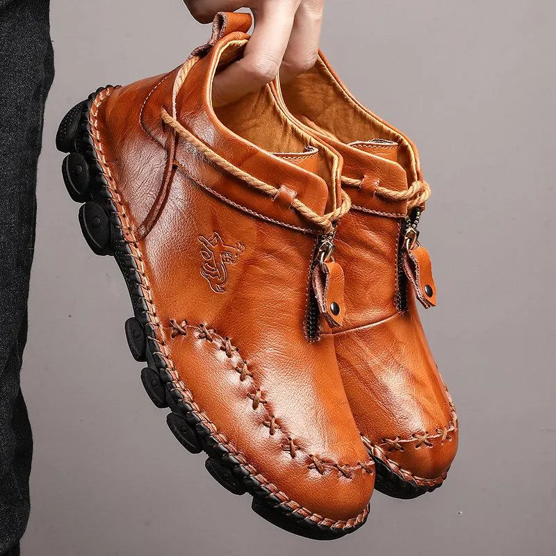 Mostelo Men’s Casual Hand Stitching Genuine Leather Snow Shoes Ankle Boots