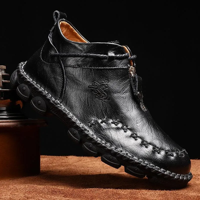 Mostelo Men’s Casual Hand Stitching Genuine Leather Snow Shoes Ankle Boots