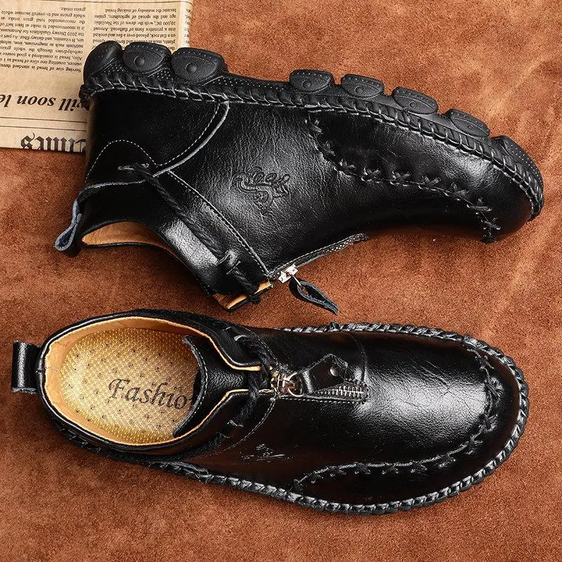 Mostelo Men’s Casual Hand Stitching Genuine Leather Snow Shoes Ankle Boots