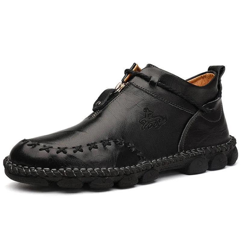 Mostelo Men’s Casual Hand Stitching Genuine Leather Snow Shoes Ankle Boots