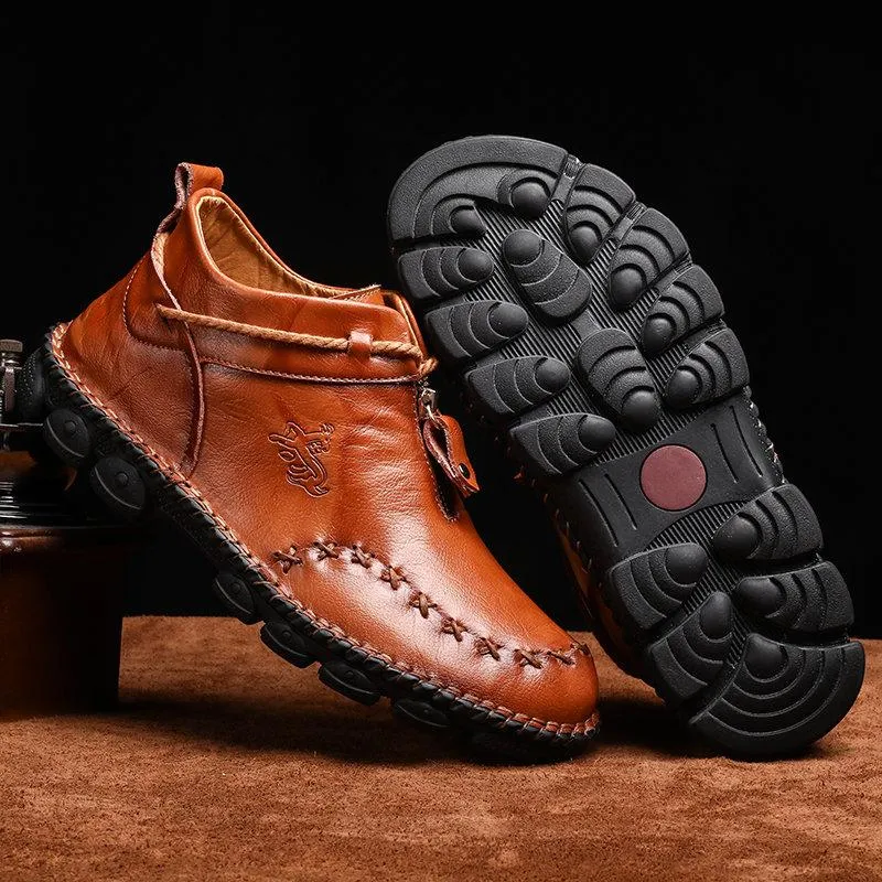 Mostelo Men’s Casual Hand Stitching Genuine Leather Snow Shoes Ankle Boots