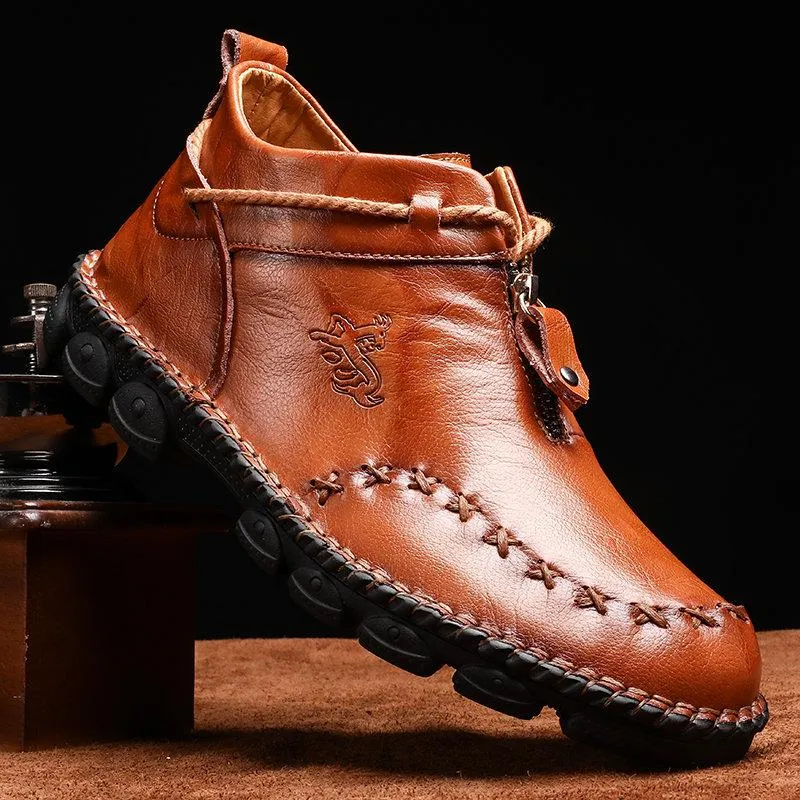 Mostelo Men’s Casual Hand Stitching Genuine Leather Snow Shoes Ankle Boots