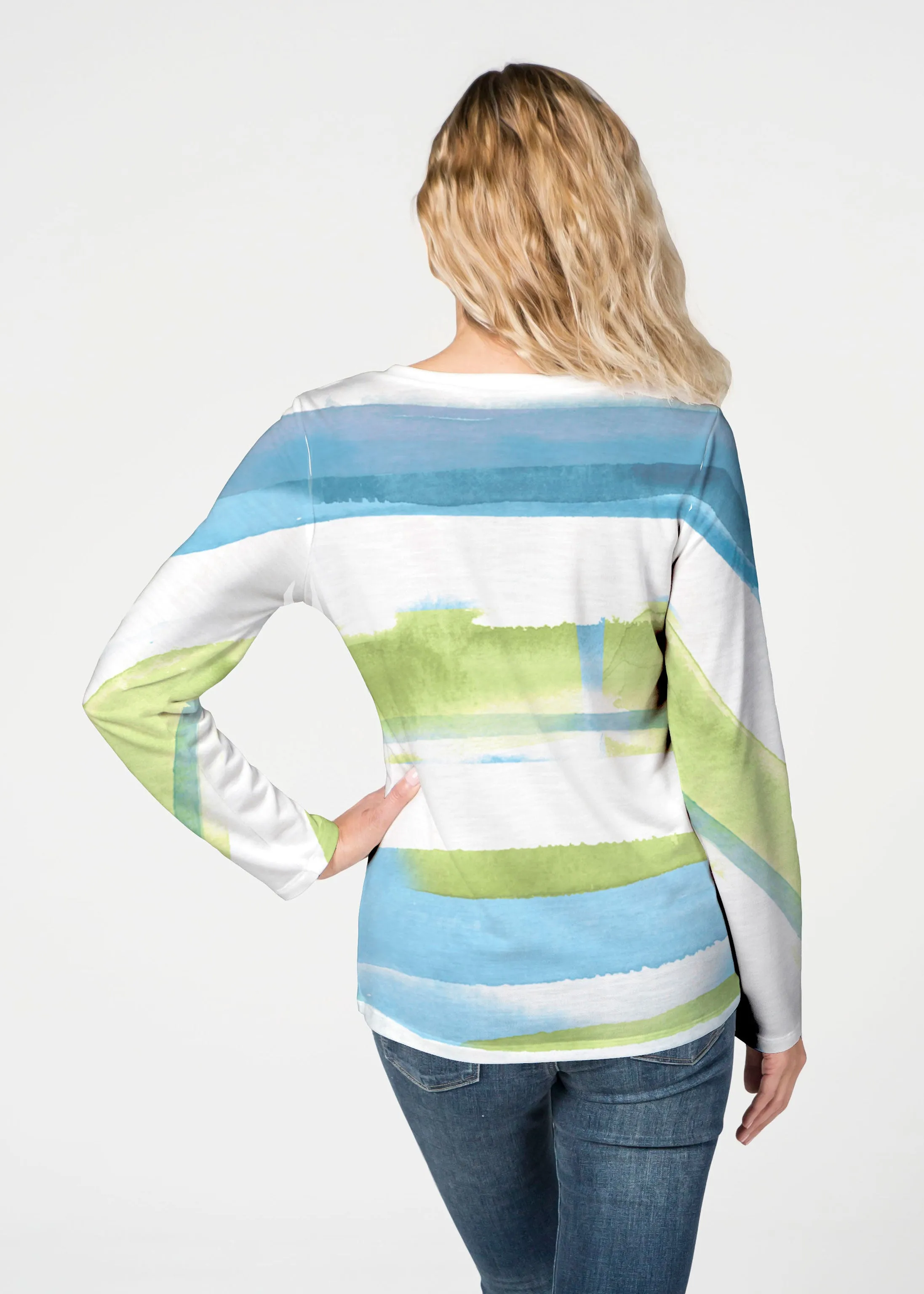 Multi Stripe Blue (7843) ~ French Terry V-neck Top
