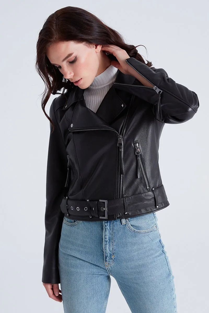 Naomi Women's Leather Biker Jacket - Black
