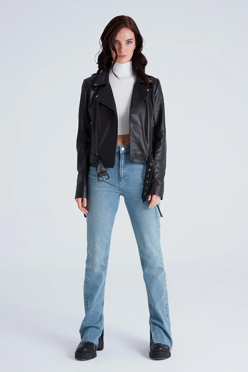Naomi Women's Leather Biker Jacket - Black