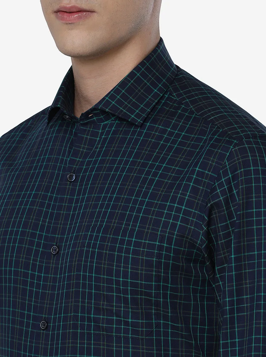 Navy Blue & Green Checked Slim Fit Formal Shirt | JadeBlue