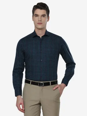 Navy Blue & Green Checked Slim Fit Formal Shirt | JadeBlue