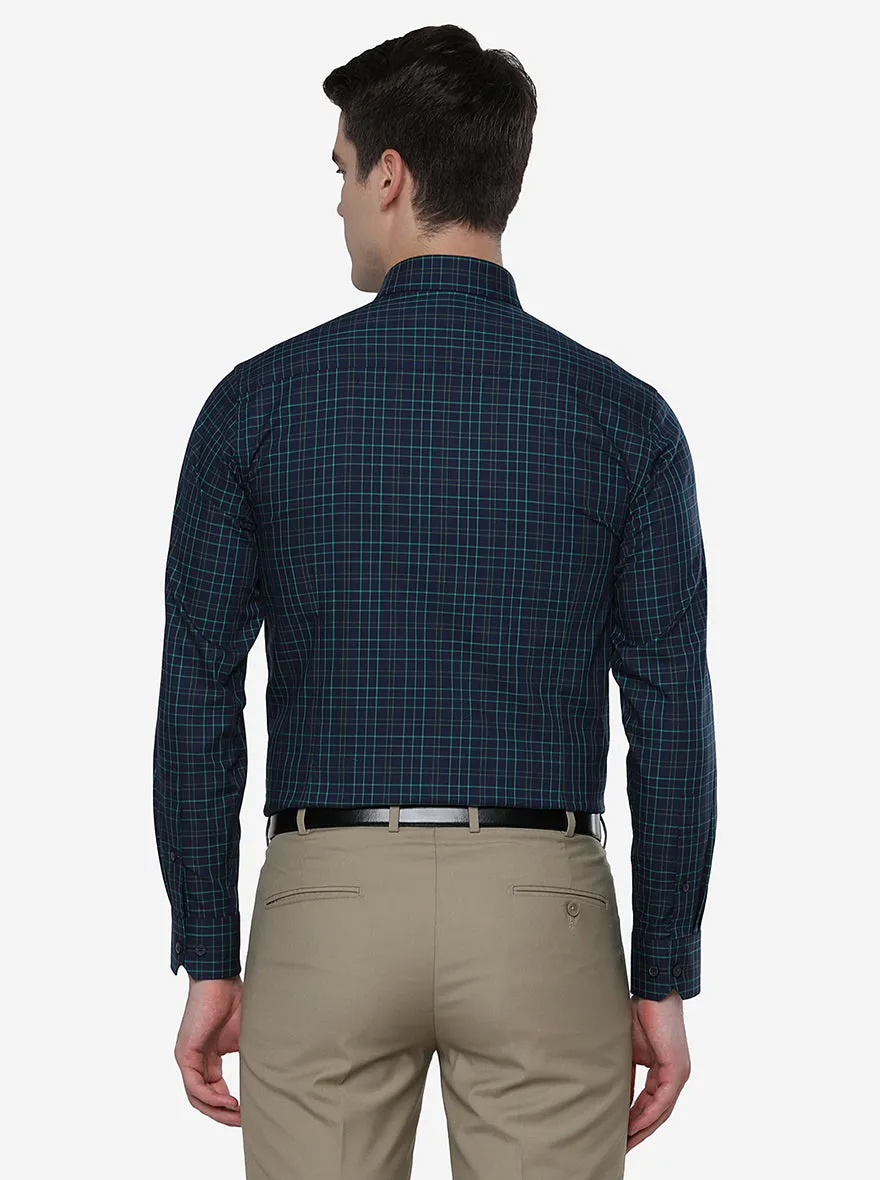 Navy Blue & Green Checked Slim Fit Formal Shirt | JadeBlue