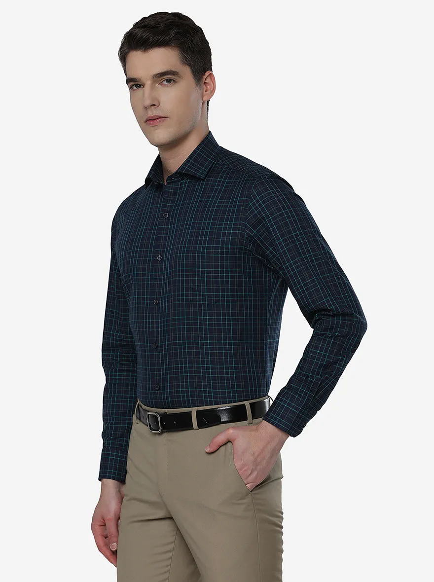 Navy Blue & Green Checked Slim Fit Formal Shirt | JadeBlue