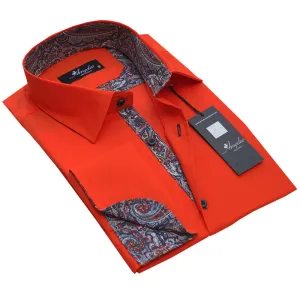 Neon Orange Paisley Mens Slim Fit French Cuff Shirts with Cufflink Holes - Casual and Formal