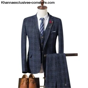 New Fashionable plaid Men's Suit (Jacket Pant Vest) Business Elegant Party Comfortable Costume