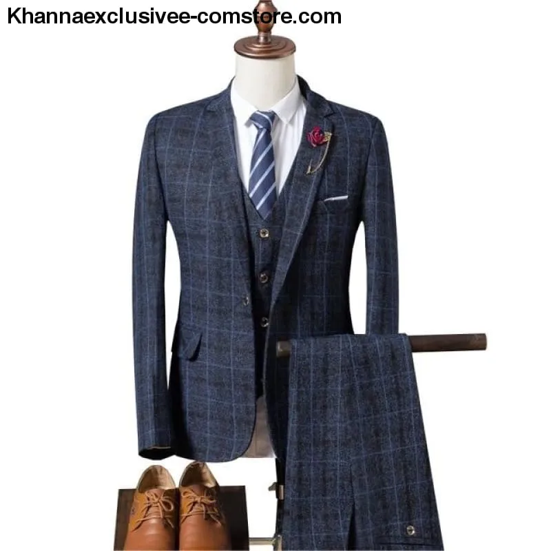 New Fashionable plaid Men's Suit (Jacket Pant Vest) Business Elegant Party Comfortable Costume