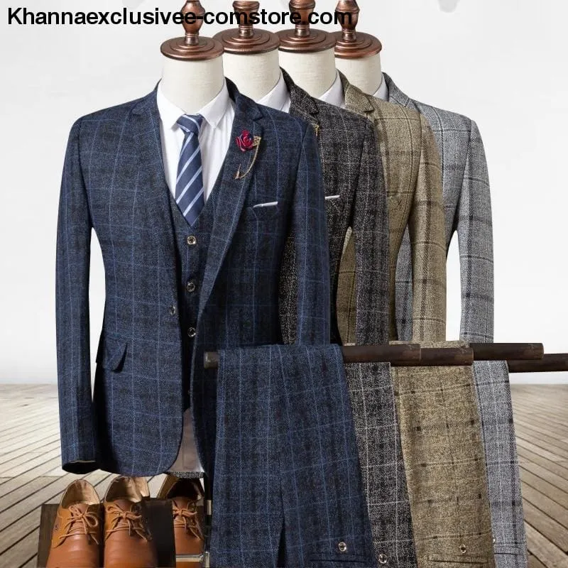New Fashionable plaid Men's Suit (Jacket Pant Vest) Business Elegant Party Comfortable Costume