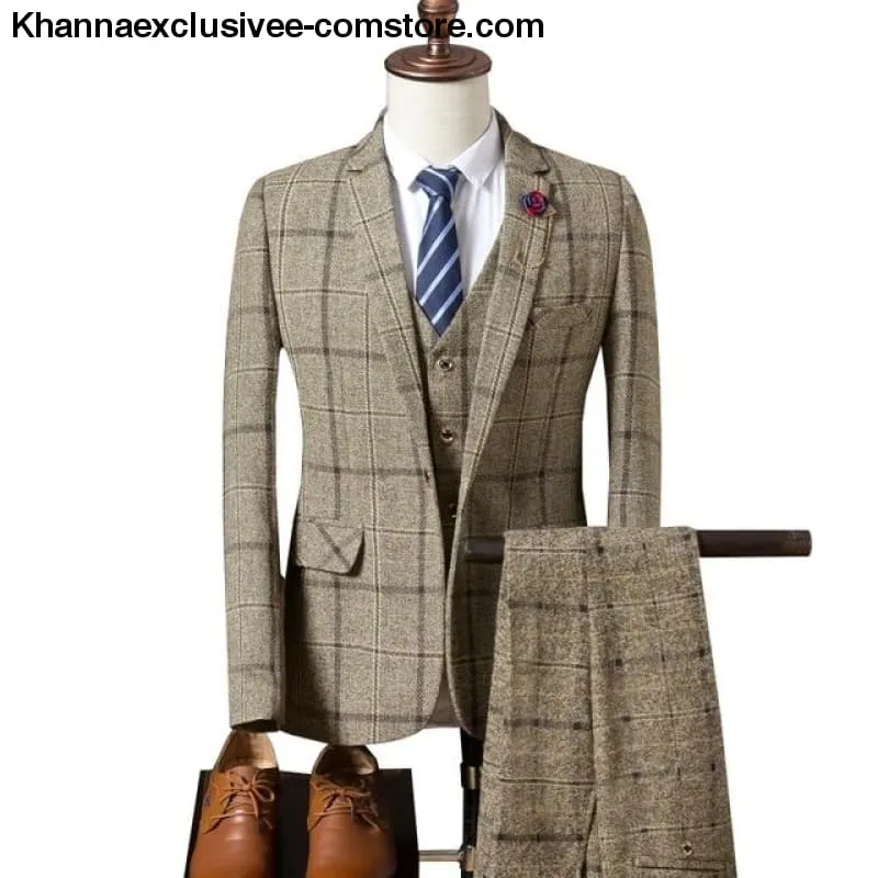 New Fashionable plaid Men's Suit (Jacket Pant Vest) Business Elegant Party Comfortable Costume