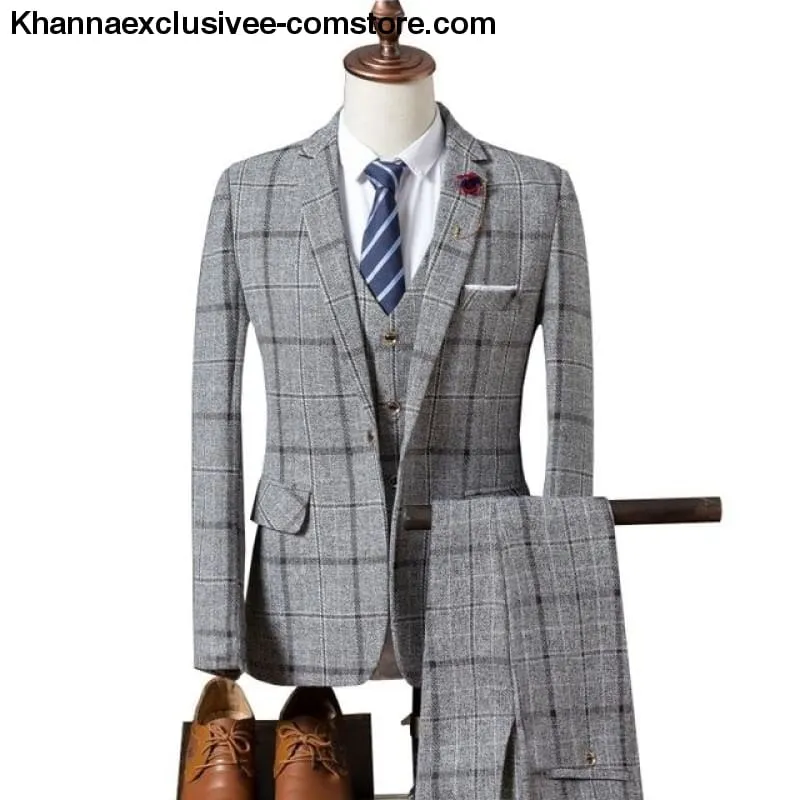 New Fashionable plaid Men's Suit (Jacket Pant Vest) Business Elegant Party Comfortable Costume