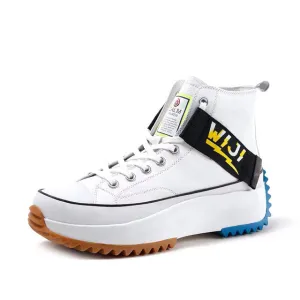 New High Top Platform Sneakers Black Unisex Genuine Leather Thick Sole Shoes Man Height Increase Chunky Shoes  Walking Shoes Men