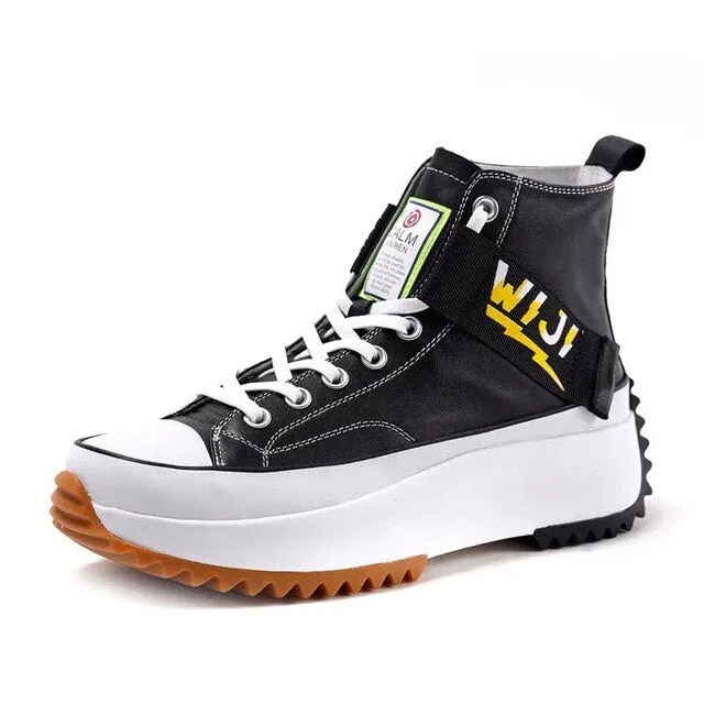 New High Top Platform Sneakers Black Unisex Genuine Leather Thick Sole Shoes Man Height Increase Chunky Shoes  Walking Shoes Men