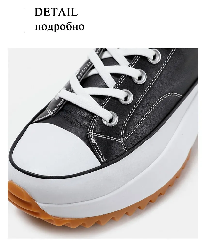 New High Top Platform Sneakers Black Unisex Genuine Leather Thick Sole Shoes Man Height Increase Chunky Shoes  Walking Shoes Men