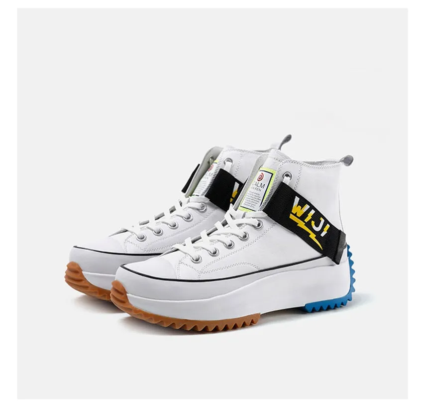 New High Top Platform Sneakers Black Unisex Genuine Leather Thick Sole Shoes Man Height Increase Chunky Shoes  Walking Shoes Men