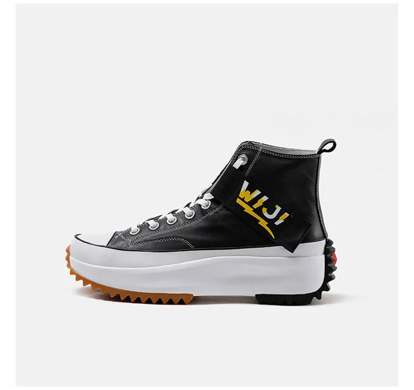 New High Top Platform Sneakers Black Unisex Genuine Leather Thick Sole Shoes Man Height Increase Chunky Shoes  Walking Shoes Men