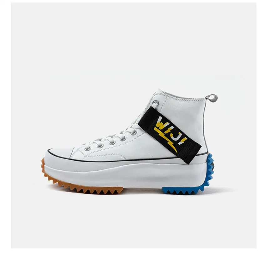 New High Top Platform Sneakers Black Unisex Genuine Leather Thick Sole Shoes Man Height Increase Chunky Shoes  Walking Shoes Men