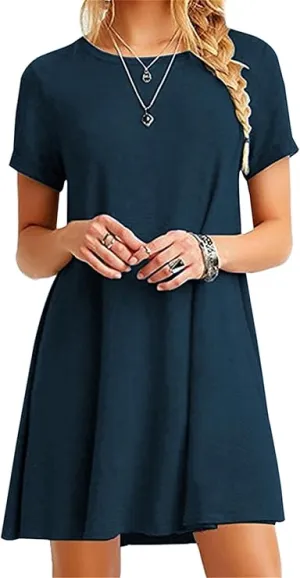 NEW Lxuick Women Short Sleeve Crew Neck Simple Dress Casual Loose Dress Plus Size A Line Summer Dress, Navy, Sz L