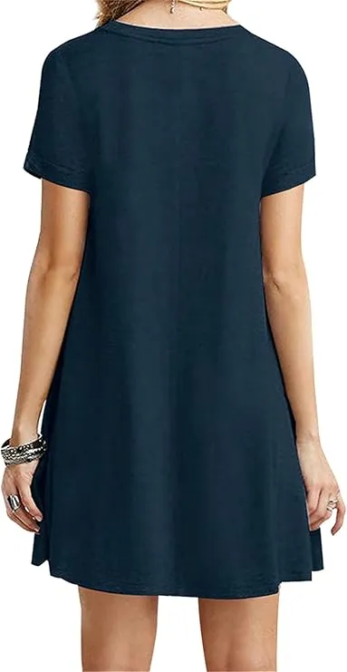 NEW Lxuick Women Short Sleeve Crew Neck Simple Dress Casual Loose Dress Plus Size A Line Summer Dress, Navy, Sz L