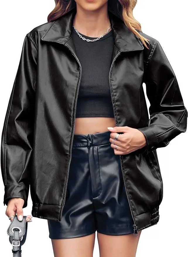New Miladusa Womens Oversized Leather Jackets Faux Casual Zip Up Trendy Bomber Motorcycle Jacket with Pockets Black, Sz M! Retails $87 