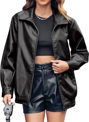 New Miladusa Womens Oversized Leather Jackets Faux Casual Zip Up Trendy Bomber Motorcycle Jacket with Pockets Black, Sz M! Retails $87 