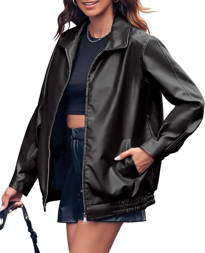 New Miladusa Womens Oversized Leather Jackets Faux Casual Zip Up Trendy Bomber Motorcycle Jacket with Pockets Black, Sz M! Retails $87 