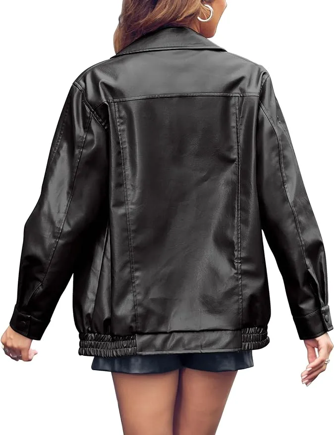 New Miladusa Womens Oversized Leather Jackets Faux Casual Zip Up Trendy Bomber Motorcycle Jacket with Pockets Black, Sz M! Retails $87 