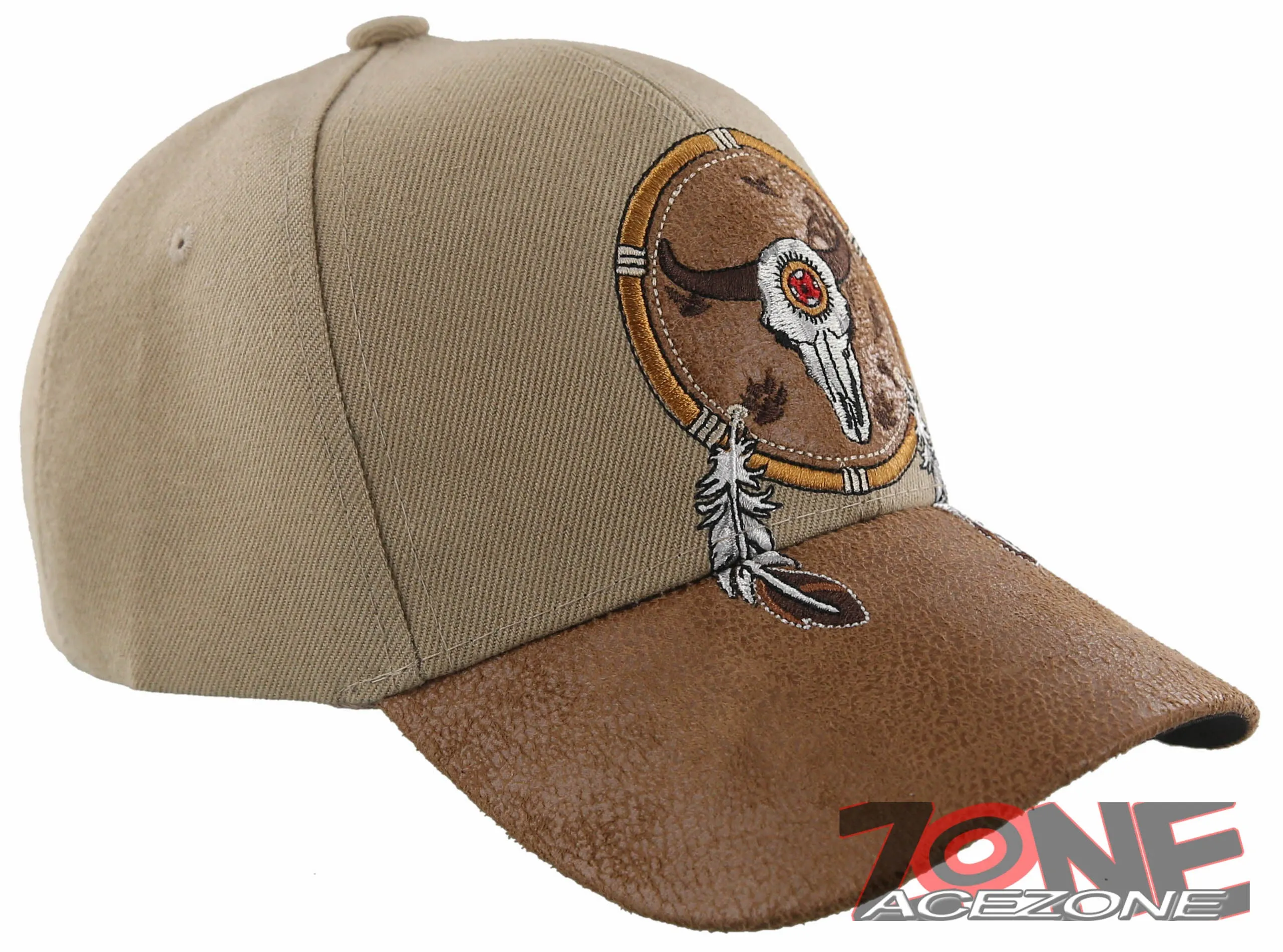 NEW! NATIVE PRIDE BUFFALO SKULL FEATHERS FAUX LEATHER BASEBALL CAP HAT TAN