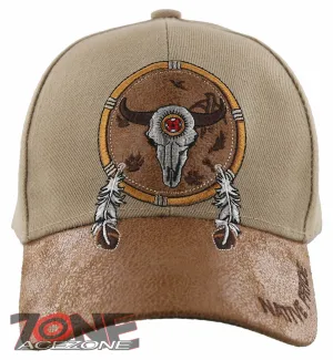 NEW! NATIVE PRIDE BUFFALO SKULL FEATHERS FAUX LEATHER BASEBALL CAP HAT TAN