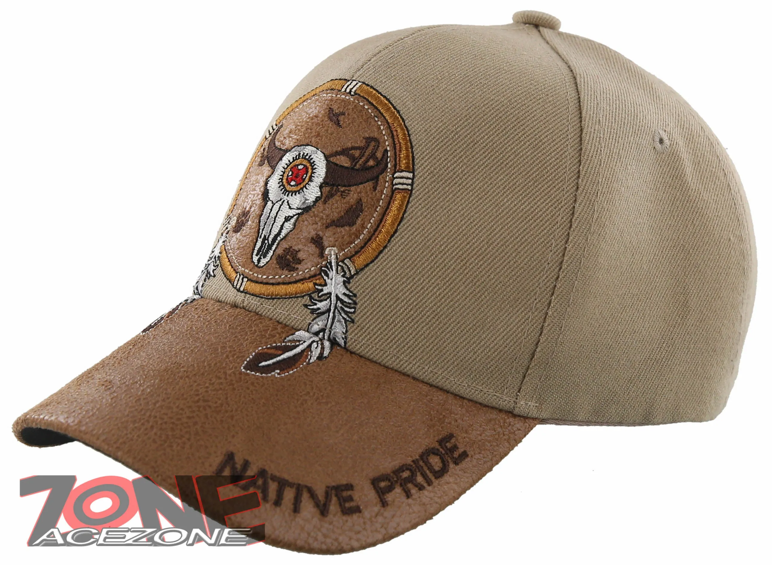 NEW! NATIVE PRIDE BUFFALO SKULL FEATHERS FAUX LEATHER BASEBALL CAP HAT TAN